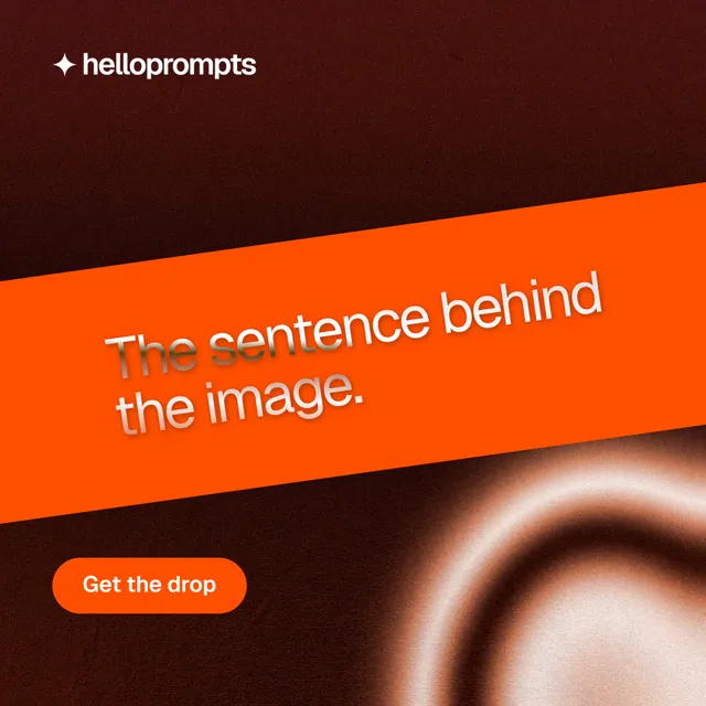 Instagram post for HelloPrompts: "The sentence behind the image." Y2K style, diagonal layout, dark palette in orange, black, red.