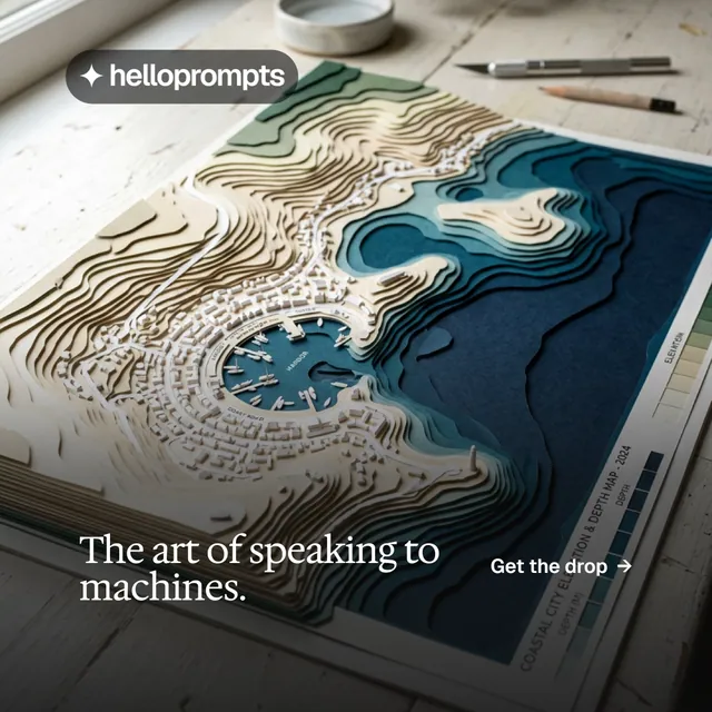 Instagram post for HelloPrompts: "The art of speaking to machines." Editorial style, image led layout, dark palette in blue, black, grey.