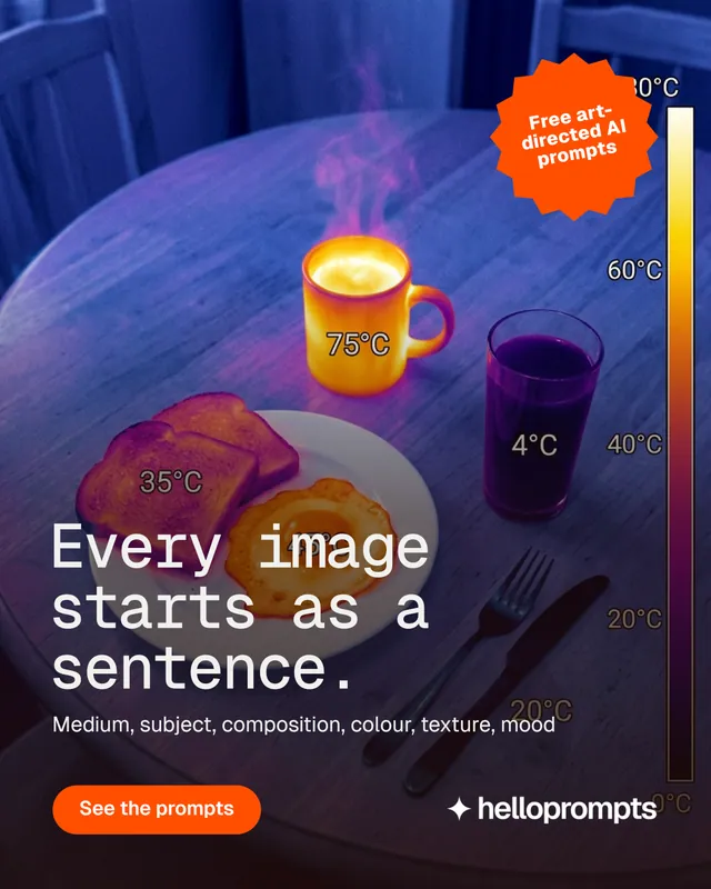 Instagram portrait post for HelloPrompts: "Every image starts as a sentence." Photo poster style, sticker layout, dark palette in purple, grey, blue.