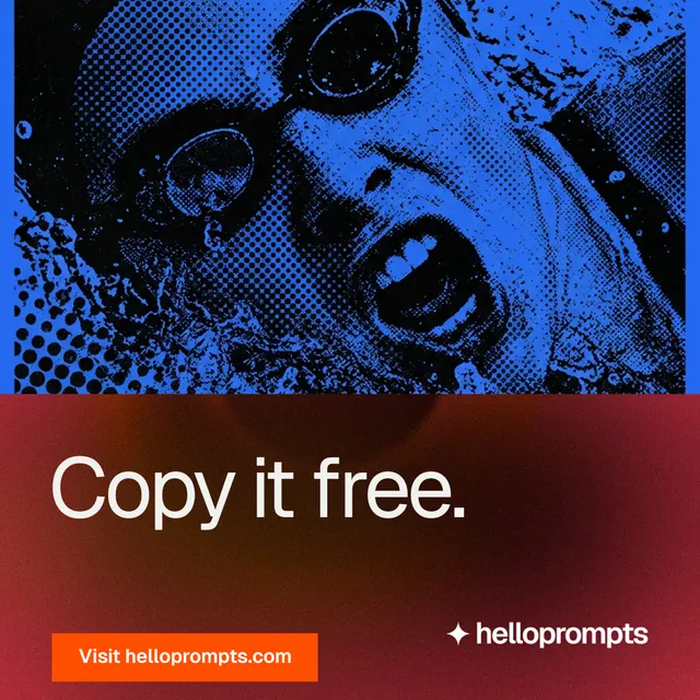 Instagram post for HelloPrompts: "Copy it free." Swiss style, bottom layout, dark palette in red, black, blue.