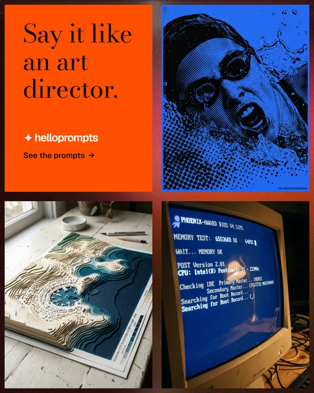 Instagram portrait post for HelloPrompts: "Say it like an art director." Minimal luxury style, collage layout, dark palette in blue, grey, red.