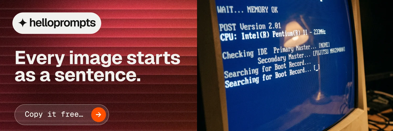 X header for HelloPrompts: "Every image starts as a sentence." Agentic glass style, bottom layout, dark palette in red, blue, grey.