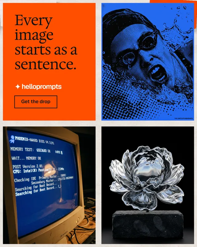 Instagram portrait post for HelloPrompts: "Every image starts as a sentence." Editorial style, collage layout, dark palette in black, red, blue.