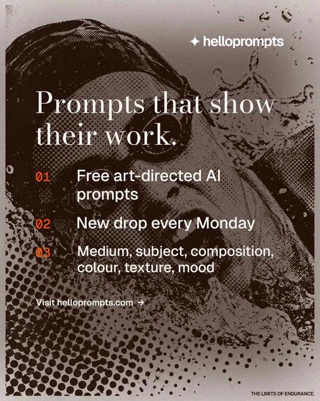 Instagram portrait post for HelloPrompts: "Prompts that show their work." Minimal luxury style, numbered layout, dark palette in grey, orange.
