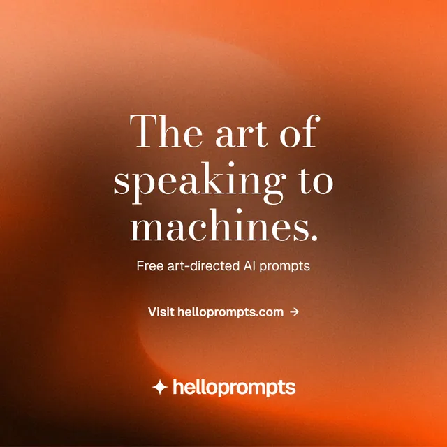 Instagram post for HelloPrompts: "The art of speaking to machines." Minimal luxury style, centred layout, dark palette in orange, brown.