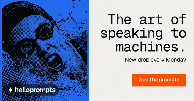 Social ad for HelloPrompts: "The art of speaking to machines." Swiss style, right layout, light palette in white, blue.