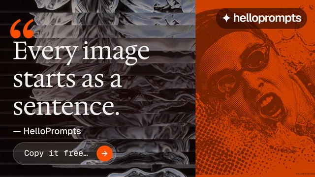 Landscape graphic for HelloPrompts: "Taste, written down." Agentic glass style, quote layout, dark palette in black, orange, grey.
