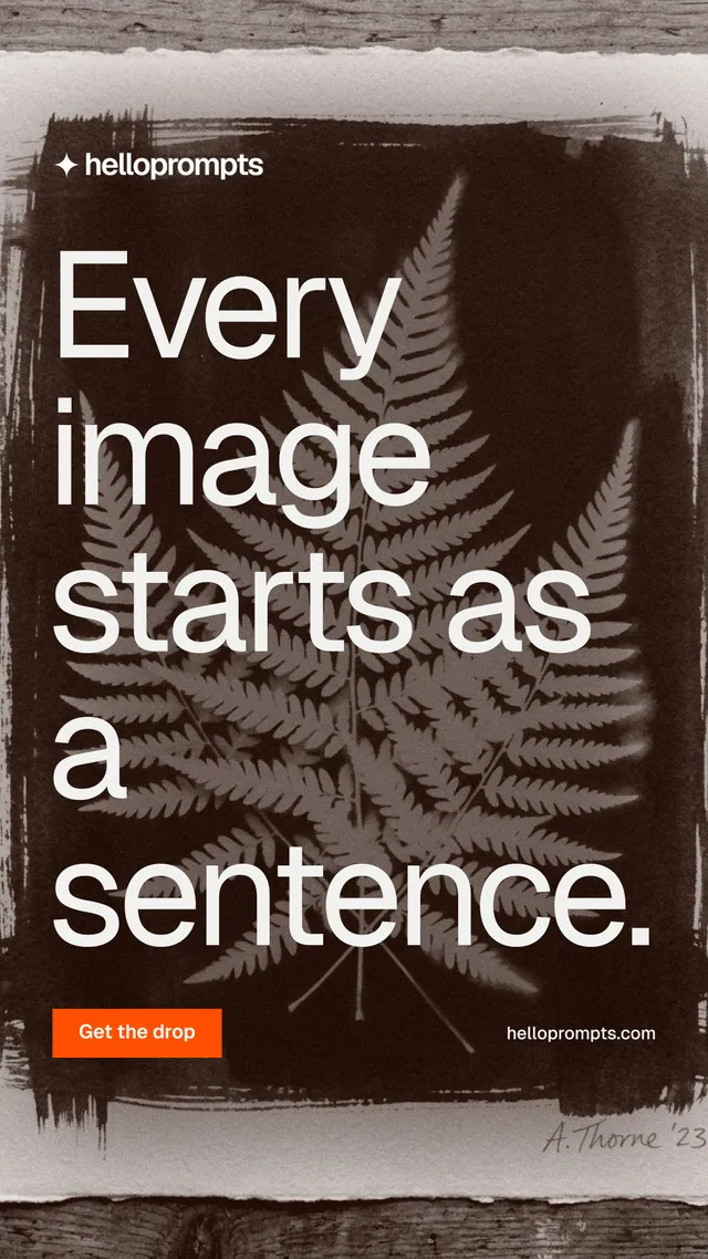 Instagram story for HelloPrompts: "Every image starts as a sentence." Swiss style, poster layout, dark palette in black, grey, orange.