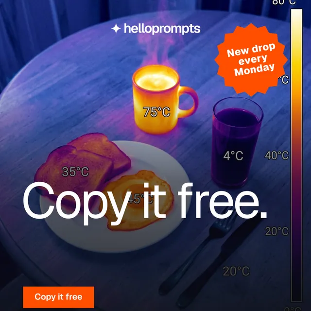 Instagram post for HelloPrompts: "Copy it free." Swiss style, sticker layout, dark palette in blue, purple, orange.