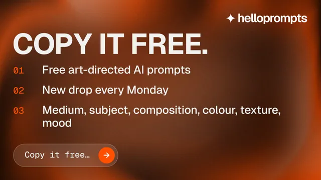 Landscape graphic for HelloPrompts: "Copy it free." Agentic glass style, numbered layout, dark palette in orange, brown.