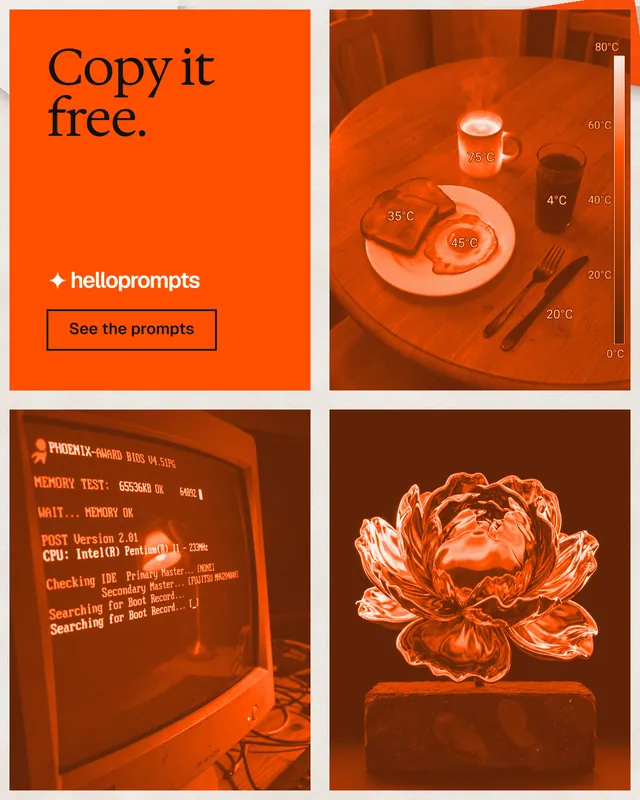Instagram portrait post for HelloPrompts: "Copy it free." Editorial style, collage layout, dark palette in orange.