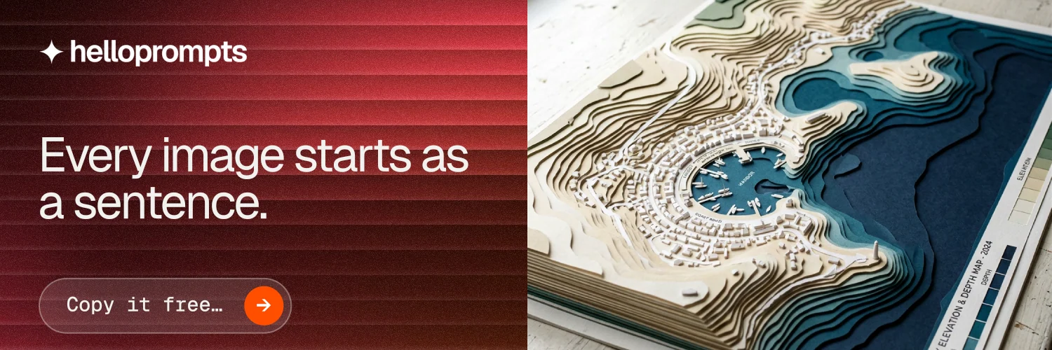 X header for HelloPrompts: "Every image starts as a sentence." Agentic glass style, bottom layout, dark palette in grey, red.