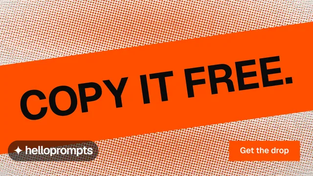 Landscape graphic for HelloPrompts: "Copy it free." Swiss style, diagonal layout, light palette in orange.