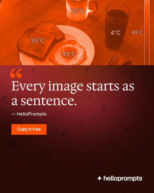 Instagram portrait post for HelloPrompts: "The sentence behind the image." Swiss style, quote layout, dark palette in black, orange, red.