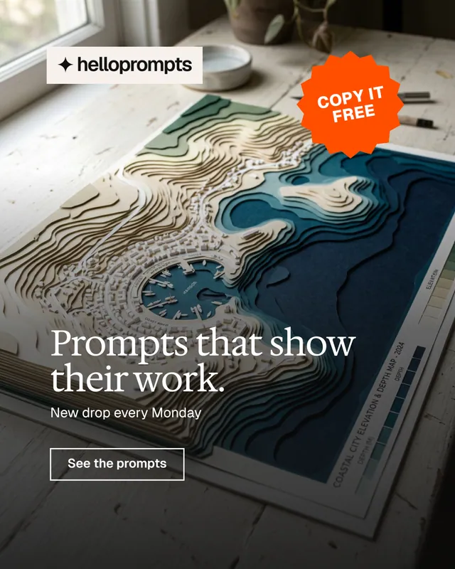 Instagram portrait post for HelloPrompts: "Prompts that show their work." Editorial style, sticker layout, dark palette in black, grey, white.