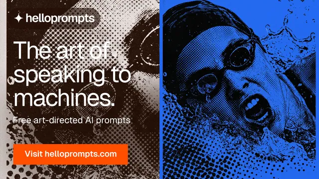 Landscape graphic for HelloPrompts: "The art of speaking to machines." Swiss style, bottom layout, dark palette in blue, orange.