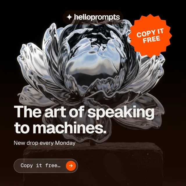 Instagram post for HelloPrompts: "The art of speaking to machines." Agentic glass style, sticker layout, dark palette in orange, grey, black.