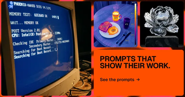 Social ad for HelloPrompts: "Prompts that show their work." Agentic glass style, collage layout, dark palette in blue, orange, grey.