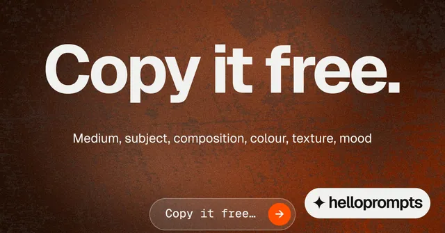 Social ad for HelloPrompts: "Copy it free." Agentic glass style, centred layout, dark palette in orange, grey.