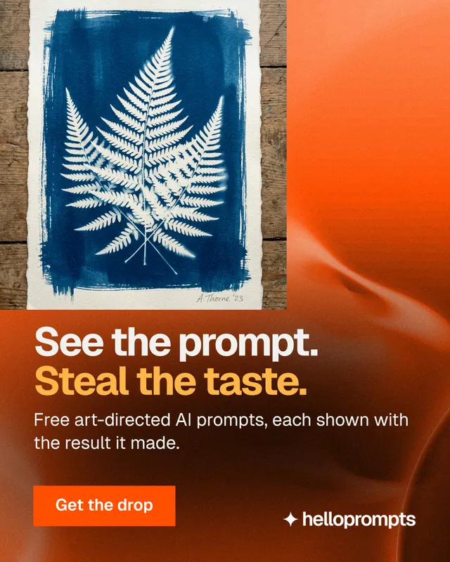Instagram portrait post for HelloPrompts: "See the prompt. Steal the taste." Swiss style, skeleton layout, dark palette in black, brown, orange.