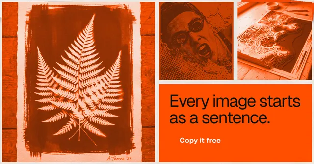 Social ad for HelloPrompts: "Every image starts as a sentence." Swiss style, collage layout, light palette in orange.