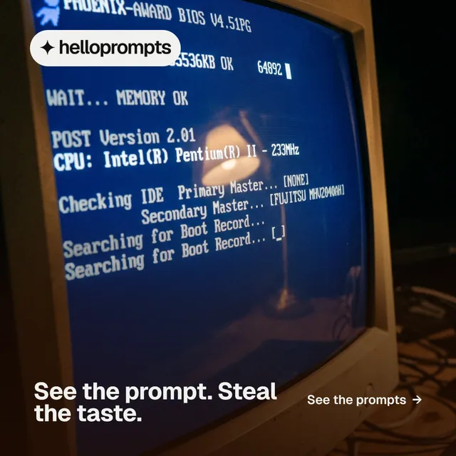 Instagram post for HelloPrompts: "See the prompt. Steal the taste." Photo poster style, image led layout, dark palette in black, blue, grey.