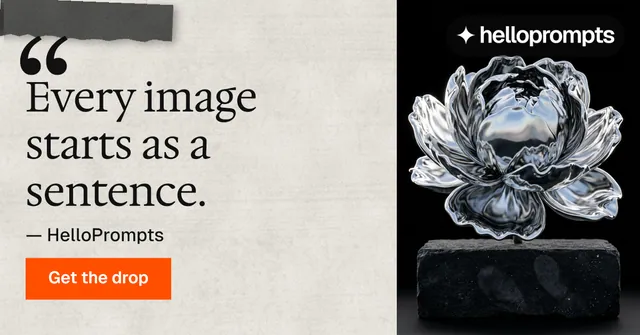 Social ad for HelloPrompts: "Copy it free." Swiss style, quote layout, light palette in white, black, grey.