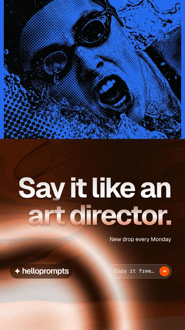 Instagram story for HelloPrompts: "Say it like an art director." Agentic glass style, right layout, dark palette in blue, black, grey.