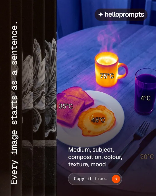 Instagram portrait post for HelloPrompts: "Every image starts as a sentence." Agentic glass style, vertical layout, dark palette in grey, black, purple.