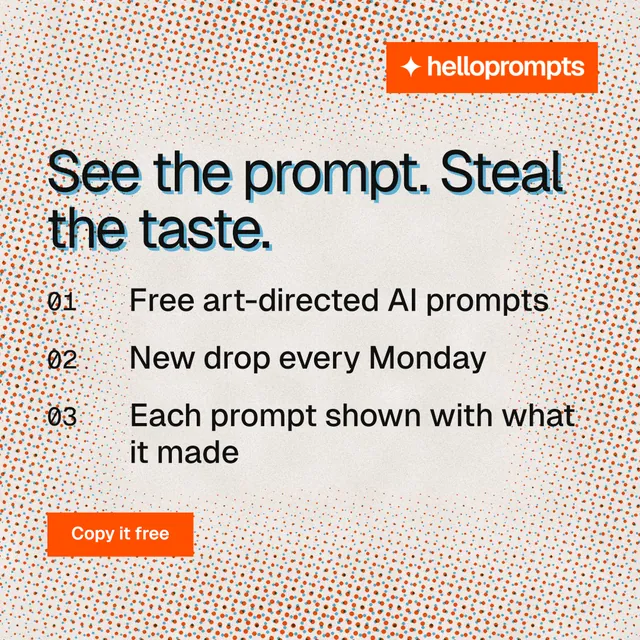 Instagram post for HelloPrompts: "See the prompt. Steal the taste." Swiss style, numbered layout, light palette in orange.