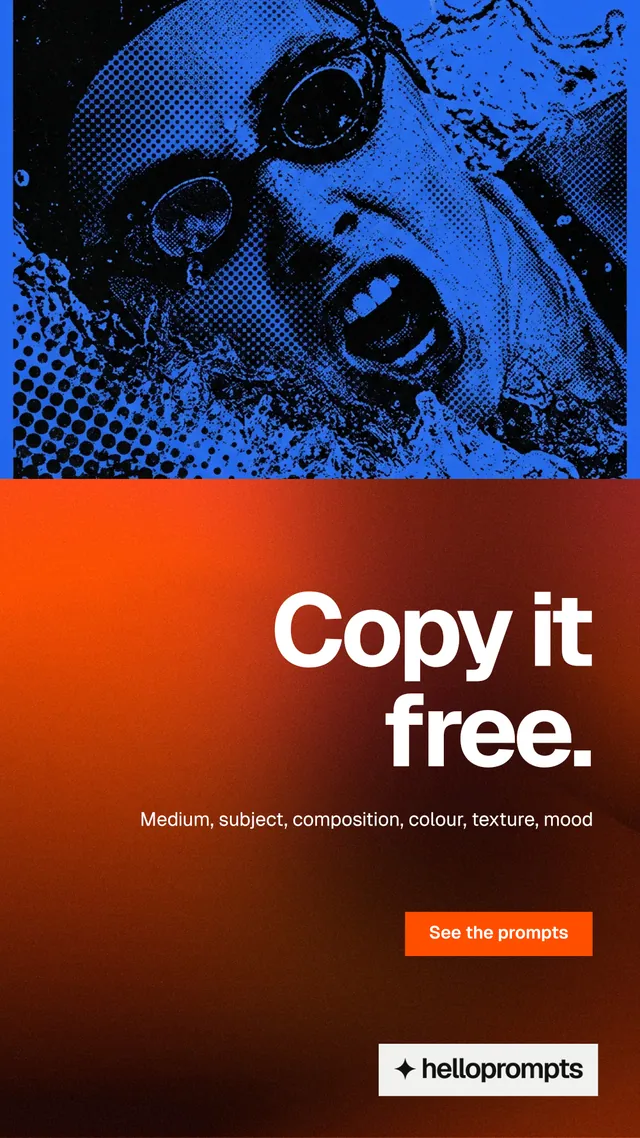 Instagram story for HelloPrompts: "Copy it free." Swiss style, right layout, dark palette in red, black, blue.