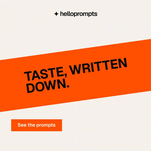 Instagram post for HelloPrompts: "Taste, written down." Swiss style, diagonal layout, light palette in white, orange.