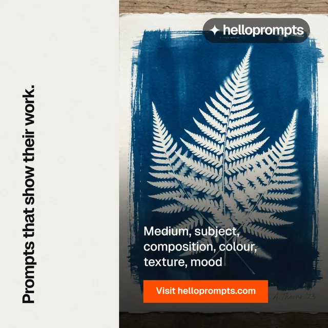 Instagram post for HelloPrompts: "Prompts that show their work." Swiss style, vertical layout, light palette in blue, white, grey.