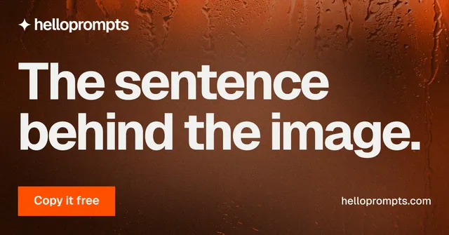 Social ad for HelloPrompts: "The sentence behind the image." Swiss style, poster layout, dark palette in orange, grey, brown.
