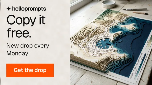 Landscape graphic for HelloPrompts: "Copy it free." Swiss style, skeleton layout, light palette in orange, grey, white.