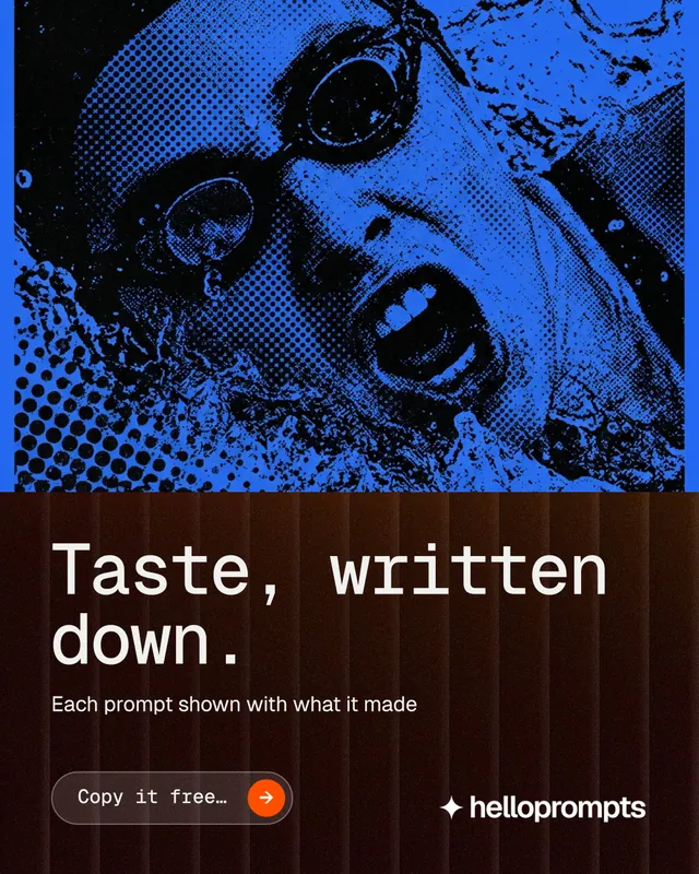 Instagram portrait post for HelloPrompts: "Taste, written down." Agentic glass style, bottom layout, dark palette in blue, black.