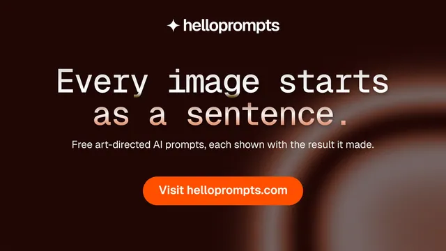 Landscape graphic for HelloPrompts: "Every image starts as a sentence." Y2K style, centred layout, dark palette in black, red.