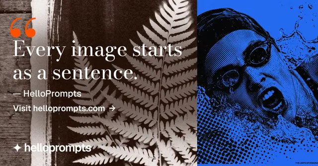 Social ad for HelloPrompts: "The sentence behind the image." Minimal luxury style, quote layout, dark palette in blue, black, grey.