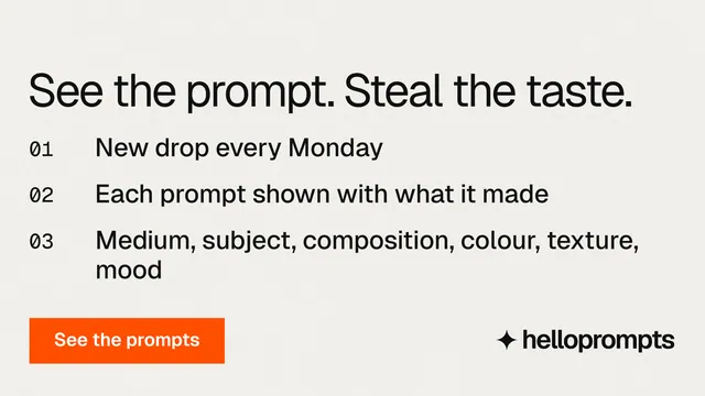 Landscape graphic for HelloPrompts: "See the prompt. Steal the taste." Swiss style, numbered layout, light palette in white, orange.