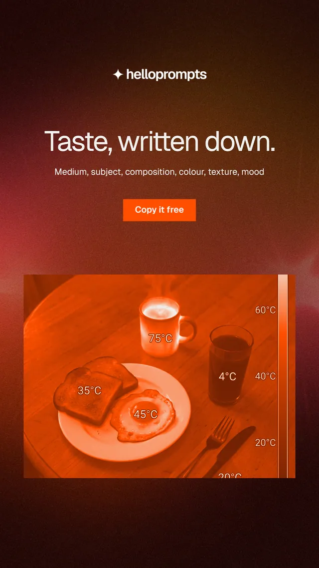 Instagram story for HelloPrompts: "Taste, written down." Swiss style, centred layout, dark palette in black, red, orange.