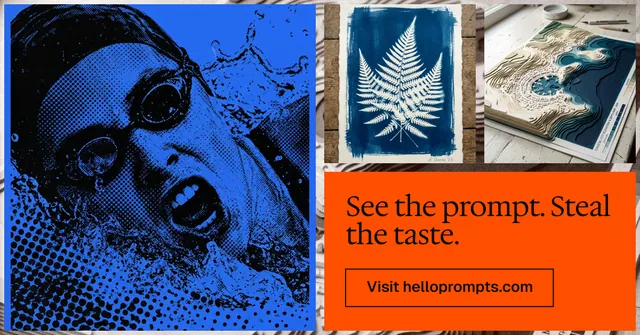 Social ad for HelloPrompts: "See the prompt. Steal the taste." Editorial style, collage layout, dark palette in blue, red, grey.