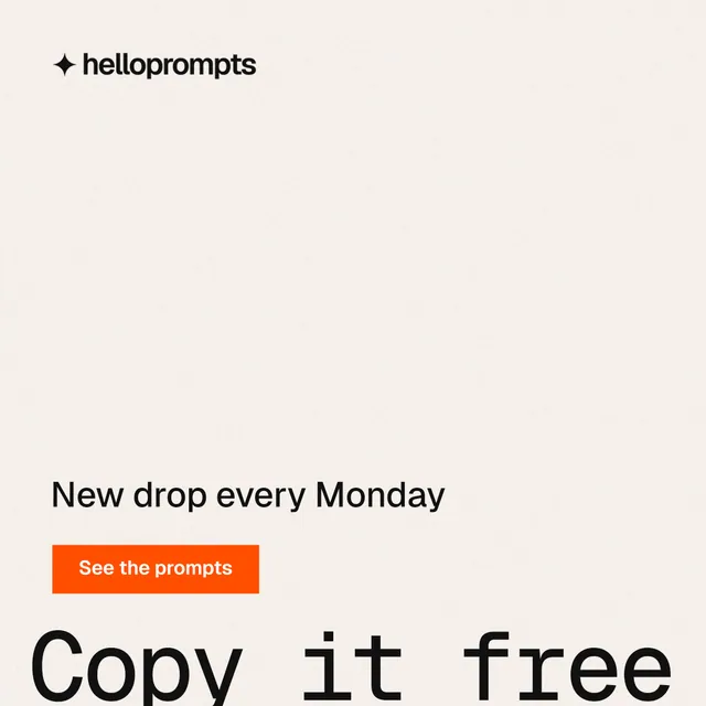 Instagram post for HelloPrompts: "Copy it free." Swiss style, oversized layout, light palette in white, orange.