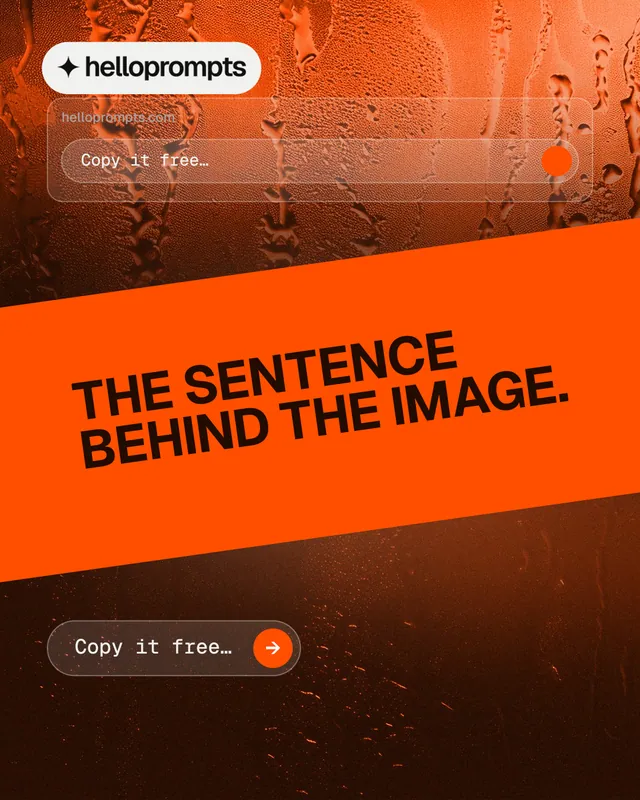 Instagram portrait post for HelloPrompts: "The sentence behind the image." Agentic glass style, diagonal layout, dark palette in black, orange.