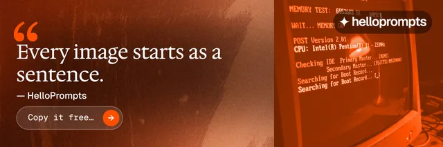 X header for HelloPrompts: "Every image starts as a sentence." Agentic glass style, quote layout, dark palette in orange, brown.