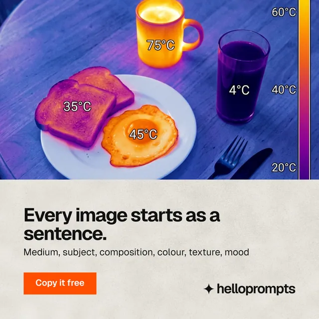 Instagram post for HelloPrompts: "Every image starts as a sentence." Swiss style, bottom layout, light palette in yellow, blue, grey.