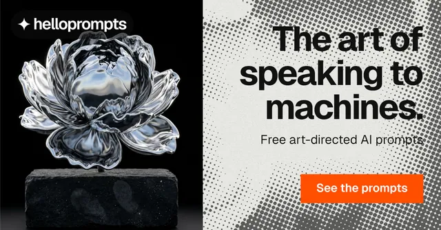 Social ad for HelloPrompts: "The art of speaking to machines." Split block style, right layout, light palette in black, grey, white.