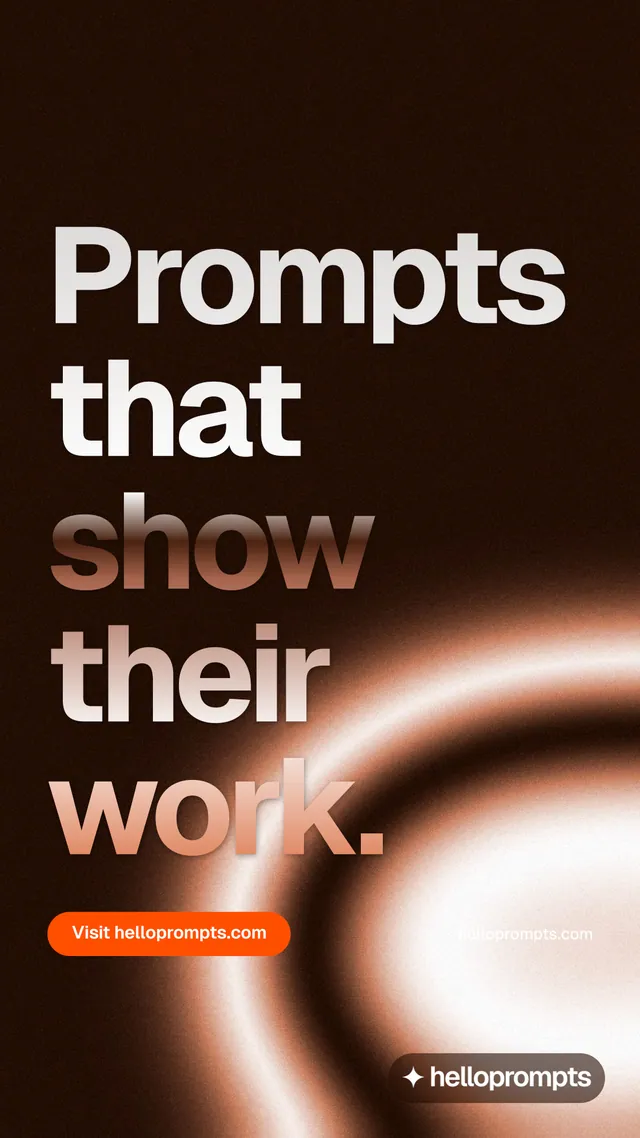 Instagram story for HelloPrompts: "Prompts that show their work." Y2K style, poster layout, dark palette in black, orange.