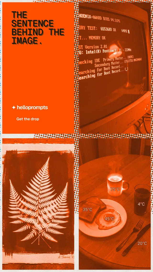 Instagram story for HelloPrompts: "The sentence behind the image." Retro print style, collage layout, dark palette in orange.