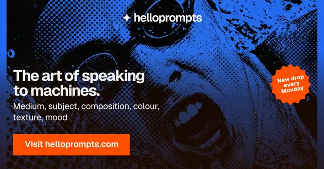 Social ad for HelloPrompts: "The art of speaking to machines." Swiss style, sticker layout, dark palette in black, blue, purple.