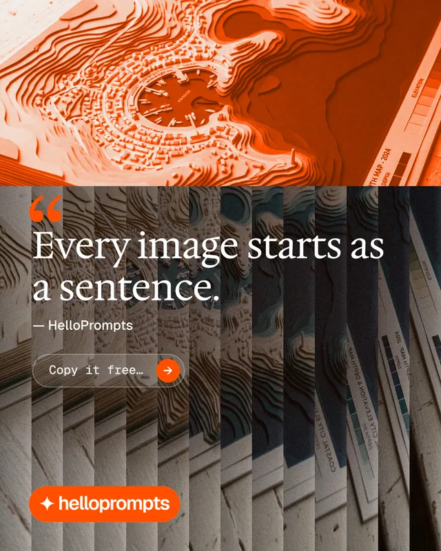 Instagram portrait post for HelloPrompts: "Copy it free." Agentic glass style, quote layout, dark palette in black, orange.